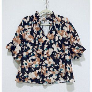 THML Top Womens Large Boho Floral Puffy Sleeve Ruffle Collar Cottagecore Flirty